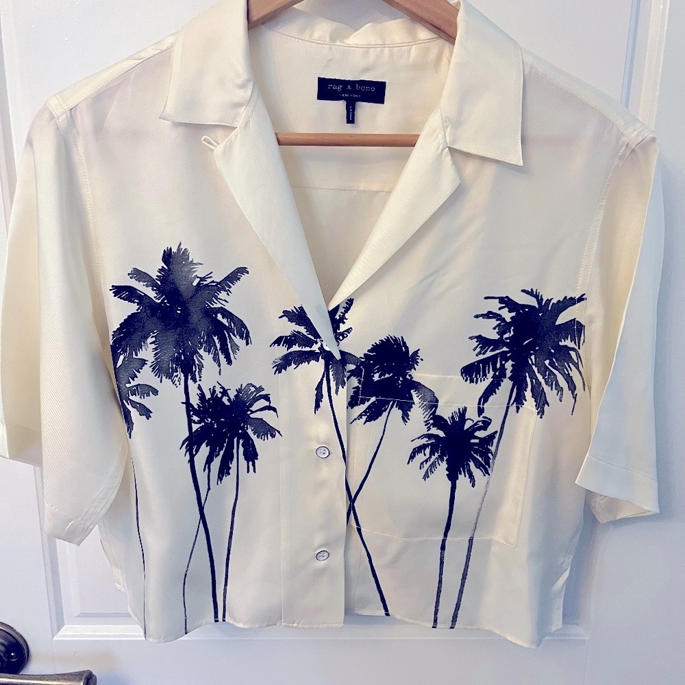 Rag and Bone 100 % silk cream colored blouse with palm tree design
